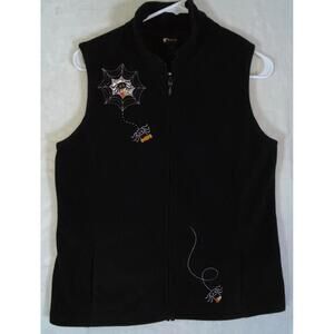 Halloween Fleece Vest Women Sz Small Full Zip Pockets Black Ghost Trick Or Treat
